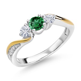 Gem Stone King 925 Silver and 10K Yellow Gold Green Nano Emerald White Moissanite and White Lab Grown Diamond 3 Stone Engagement Ring For Women (0.53 Cttw, May Birthstone, Size 7)