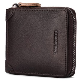 CHANPINCL Mens Genuine Leather Zipper Wallet RFID Secure Large Capacity Double Fold Multi-card Leather Wallets for Men and coin purse (Coffee)