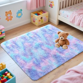 OLANLY Area Rugs for Living Room Bedroom, Machine Washable 2x3 Feet Soft Fluffy Shaggy Bedside Rug, Indoor Floor Carpet for Kids Girls and Boys, Nursery Room, Home Decor Aesthetic, Purple Rainbow