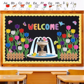 Pajean Welcome Bulletin Board Set 3D Tulip Flower Classroom Decorations Butterfly Bird Water Fountain Paper Cutouts for Home Wall Door Decor Back to School Party Supplies