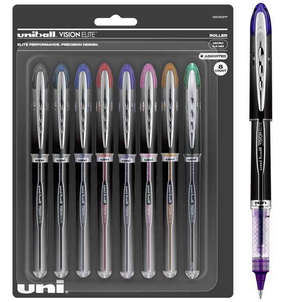 uniball Vision Elite Rollerball Pens with 0.5mm Micro Point Pen Tips, Assorted, 8 Count - Uni-Super Ink is Smooth, Vibrant, and Protects Against Water, Fading, and Fraud
