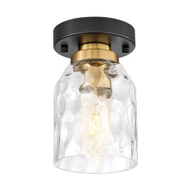 zeyu Industrial Semi Flush Mount Ceiling Light, Round Hallway Lighting Fixtures Ceiling for Kitchen Entryway, Water Ripple Glass Shade, Black and Gold Finish, ZG33F BK+BG-WG