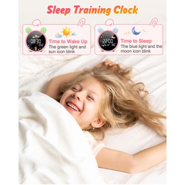 Lemnoi Alarm Clock for Kids, Children Sleep Trainer Clock, OK to Wake Clock with Sun & Moon Mode, Countdown/Timer, Dual Alarm, Adjustable Night Light, Sleep Music, Snooze, Temperature, Pink Rabbit