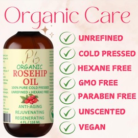 Organic Rosehip Seed Oil - 100% Pure Cold-Pressed & Unrefined Anti-Aging Face Oil, Rich in Vitamin C, Retinol & Fatty Acids for Wrinkles, Natural Skin Care Moisturizer, 4 Fl. Oz