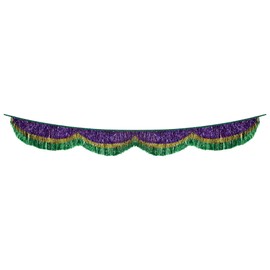 Beistle Mardi Gras Tinsel Fringe Bunting, Festive Green, Gold & Purple Garland Decoration, Sparkling Banner for Mardi Gras Parties, Parades & Events, 8” x 6’ 5”