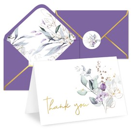 JarThenaAMCS 50 Pack Greenery Floral Thank You Cards Boxed Purple Flower Greeting Cards with Envelope Sticker Gold Foil Blank Note Card for Wedding Bridal Baby Shower Birthday, 4 x 6 Inch