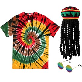 Boyiee Rasta Music Costumes Kit, 3 Pcs, Reggae Hat with Black Dreadlocks, Tie Dye T Shirt, Sunglasses, Jamaican Costume Kit (XXL)