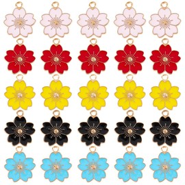 SUNNYCLUE 1 Box 100 Pieces 5 Colours Japanese Cherry Blossom Pendant Small Flower Pendant Enamel Flat Pink Red Spring Small Flower Pendant for Jewellery Making Pendant Earrings Wedding Urla, enamel