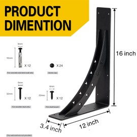 PICESA Heavy Duty Shelf Brackets，max Load 900 LBS,Premium Alloy Metal Mantel Brackets , (Set of 2) Fireplace Mantel Brackets - Countertop Support Brackets (MATTE BLACK, 16 inch x 12 inch)