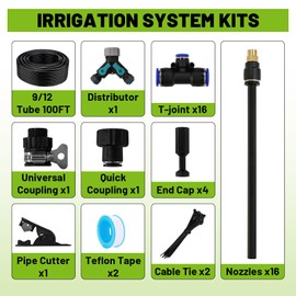 Garden Drip Irrigation Kit, 100ft Black Hose, 360° Adjustable Universal Nozzle, Patio Mist Plant Watering Sprinkler, Comes with Faucet Separator, Sprinkler Hose Adapter (Closeable nozzle-16)