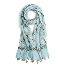 QIUTIMIY Scarf for Women Lightweight Soft Floral Printed Scarves Fall Winter Fashion Shawl Wrap with Fringe(Flower-Blue Brown)