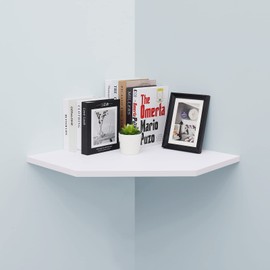 JOLLYMER 20-Inch Black Floating Corner Shelf, Pentagon Corner Wall Shelf with Wire Cable Hole for Bedroom, Living Room, Bathroom, Large Display Shelf for Cable Boxes/Games Consoles/TV Accessories