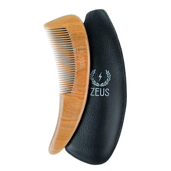 ZEUS Boomerang Large Sandalwood Beard Comb in Leather Sheath, Natural Organic Wood Hair Comb - M31