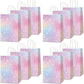 Naozinebi 12Pcs Iridescent Diamond Birthday Gift Bags Glitter Diamond Goodie Bag Happy Birthday Treat Bag Colorful Glitter Candy Bag Supply for Wedding Bridal Baby Shower Party Favors Decorations 4.7*3.15*8inch