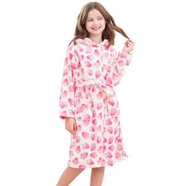 Doctor Unicorn Soft Hooded Rainbow Bathrobe Sleepwear for Girls (Pink White Strawberry, 10-11 Years)