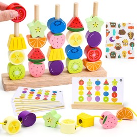 Montessori Wooden Toys for 2 3 4 Year Old Boys Girls: Threading Beads Stacking Blocks Learning Set Fine Motor Skills Toys for Toddlers Travel Educational Toddlers Toy for 2-5 Year Old Boy Girl