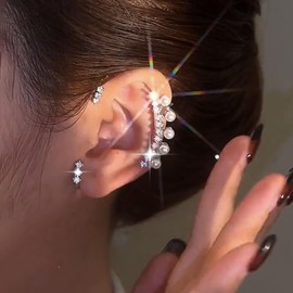 TseanYi Rhineston Pearl Ear Cuff Earrings Silver Crystal Pearl Cuff Climber Earrings Boho Pearl Crawler Cuff Earrings Bridal Pearl CZ Earrings Jewelry for Women(Left)