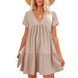 Women V Neck Loose Flowy Swing Shift Dress 2025 Summer Short Sleeve Casual Summer Mini Tunic Dress