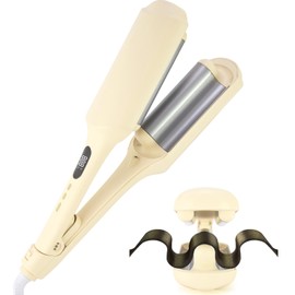 Tieumioe Beach Waver Curling Iron for Women 1.25 Inch, Deep Waver Hair Tool with Ceramic 3 Barrel Wave Curling Iron, Ionic, Dual Voltage, Anti-Scald, Easy to Use, Beige