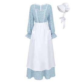 CR ROLECOS Womens Pioneer Dress Floral Prairie Dresses Lace Pilgrim Colonial Costume Bonnet Apron 3 Pieces Set L