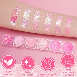 DAGEDA Face Glitter Gel, Pink Body and Hair Glitter Gel Mermaid Makeup, 6 Shapes Sparkly Sequins for Women Kids, Singer Concert Festival Party Rave Accessories Holographic Glitter Gel 01