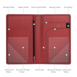 Fintie Server Book Organizer with Zipper Pocket, PU Leather Restaurant Guest Check Presenters Card Holder for Waitress, Waiter, Bartender (Poppy Red)