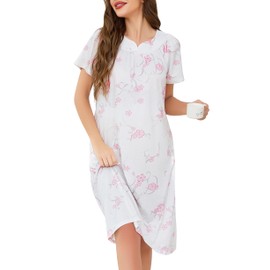 Vlazom Women's Nighties Printed Pleated Nightdress Soft Cotton Long Nightgowns Loose Nightgshirt with Pockets Pink Flower,S