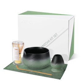 ZENS Matcha Tea Set with Bamboo Whisk, 5pc Matcha Tea Ceremony Kit Includes Ceramic Bowl & (Chasen Holder), Whisk, Scoop, Soft Towel for Matcha Latte, Making Usucha, Sage Green