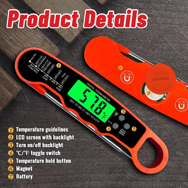 Meat Thermometer Digital, IP67 Waterproof Food Thermometer for Cooking and