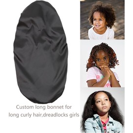 EBONNT Long Satin Night Cap for Kids Boys Girls Double Layer Hat Satin Night Cap Silk Elastic Band Satin Night Hat for Hair Care, Kids long black