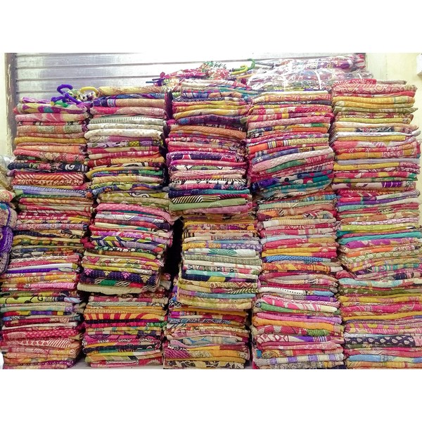 Mycrafts Indian Vintage Handmade Kantha Quilt, Bohemian Hippie Home Decor Kantha Bedding Quilt Saree Made Twin Gudri Ralli Dorm Decor Kantha Quilt Throw 10Pc Lot