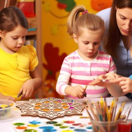 Bnesi Wooden DIY Floral Rangoli Mat Easy to Use or to Fill Rangoli Template Rangoli Decorative Boards for Indian Traditional Festival New Year Decor (Wood, Floral)