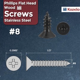 Kozelo 100pcs Phillips Flat Head Wood Screws - [#8x1/2"] 304 Stainless Steel Countersunk Self Tapping Screws for Furniture Assembly, Interior Trim, Outdoor Construction, Black