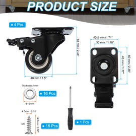 PATIKIL 1.5" Swivel Caster Wheels with Brake, 4 Pack Silent Plate Casters Load Capacity 396Lbs with Mounting Tools for Furniture Cart Trolley 360° Rolling, Black