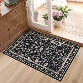 Washable Rug 2 x 3 Non-Slip Non-Shedding Soft Vintage Throw Doormat Low Pile Farmhouse Floral Carpet, Non-Shedding Indoor Foldable Printed Small Rug for Bedroom Dining Room Kitchen, Black
