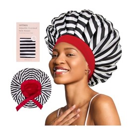 Vettres Floral Satin Bonnet For Sleeping Women Double Layer Pleated Design Adjustable Shower Cap For Curly Hair Black White Stripes
