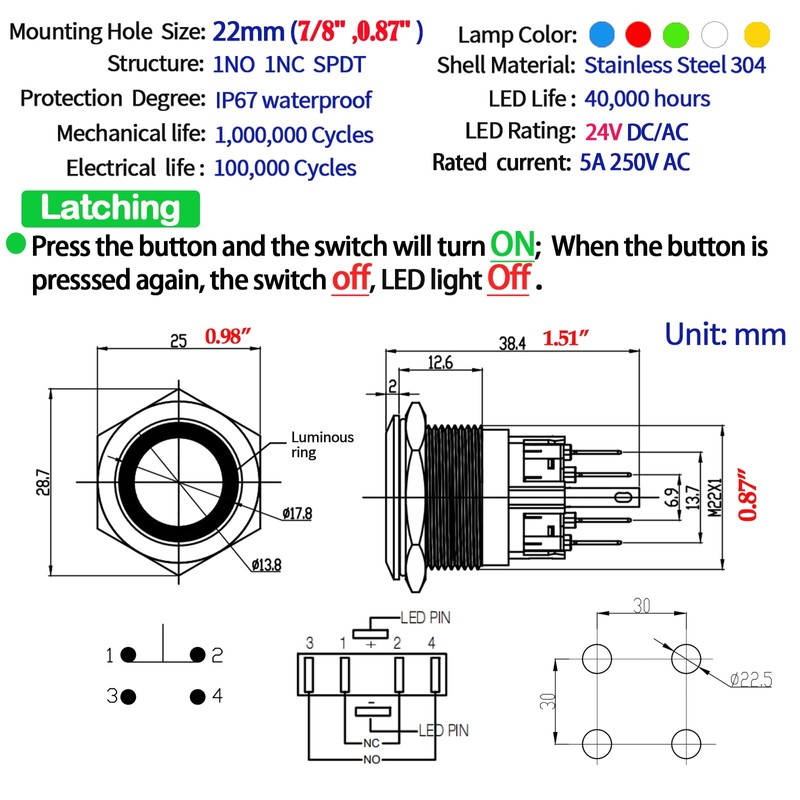 ZJWZJH 22mm Latching Push Button Switch 22mm 24V Power 1NO