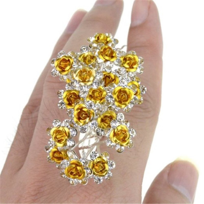 MontCherry Golden Rose/Flower Crystal Diamante Wedding Bridal Prom Hair Pins