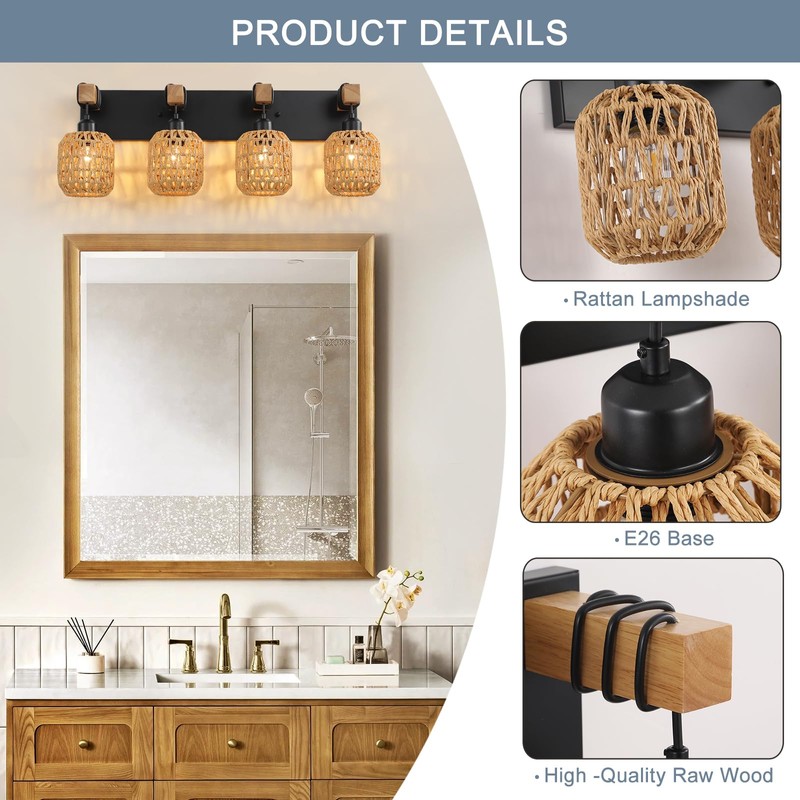4 Light Bathroom Vanity Light Fixtures,Rustic Style Wood Bathroom Wall