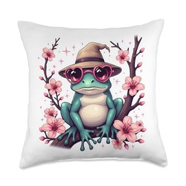 Funny Frog Sunglasses Sakura Blossom Japanese Art Throw Pillow