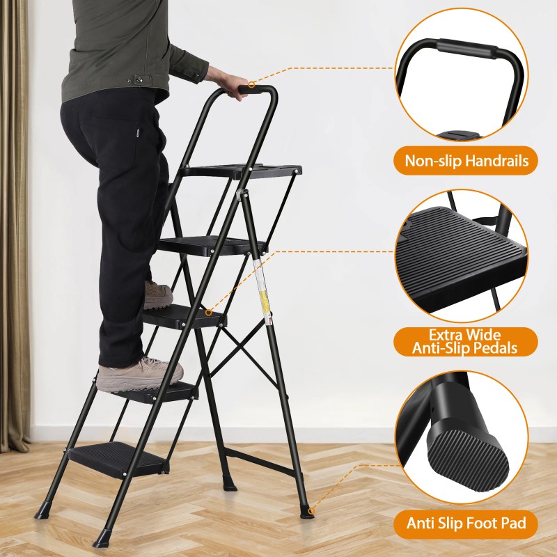 SEGAWE Step Ladder 4 Step Folding Black 330 Lbs Max