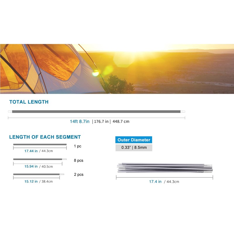 BRILLIANCE4U Grey Tent Pole Replacement, Pre-Assembled Aluminum 14ft 8.7 in,