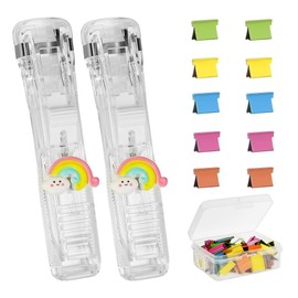 CAIRIAC Clam Clip Dispenser Plastic Push Stapler Rainbow Paperclip Dispensers 2 Pack Manual Office Staplers Paper Clips Dispenser School Supplies Stapler with Small Multi Colored Binder Clips 50pcs