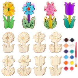 Catephe 16 Set Flower 3D Wooden Crafts Set for Kids, 32 Pcs Unfinished Wooden Slices with 4 Styles, Blank Wood Ornaments with Paint and Paintbrush for DIY Crafts Home Decoration Craft Project