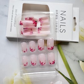24Pcs Spring Press on Nails Medium Square Fake Nails Pink Flower Glue on Nails Spring Floral Design Acrylic False Nails Glossy Stick on Artificial Nails for Women Manicure Decoration Tips