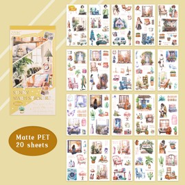 Pre-Cut Aesthetic Journaling Sticker Books for Adults, 20 Sheets Scrapbook Sticker Book, Junk Journal Accessories for Planner, Cottagecore Decorative DIY Craft Project, PET Material