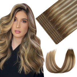 Youngsmile Injection Tape in Hair Extensions Real Human Hair Invisible Edge Tape in Injected Hair for Women 20pcs 45g 20inch Walnut Brown to Ash Brown and Golden Blonde Hair Extensions (#3/8/22,20'')