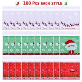 Coopay 300 Pieces Christmas Candy Bags Cookie Bags Self Adhesive Cellophane Treat Bags with Snowflake Christmas Elk Patterns for Party Supplies, 3 Styles