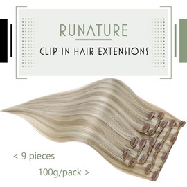 RUNATURE Blonde Clip in Hair Extensions Real Human Hair Platinum Blonde Highlight Ash Blonde Clip in Human Hair Extensions 16 Inch 105g Blonde Hair Extensions Clip on Extensions Remy Hair