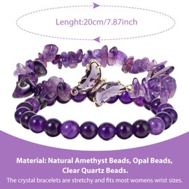 Mabor 2Pcs Amethyst Beaded Bracelets for Women Purple Crystal Bracelet Stretch Elastic Purple Butterfly Charms Stone Bracelet Jewelry Gifts for Her Girls Women Men